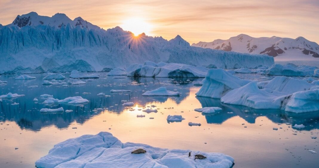 Científicos trabajando en la extracción de un núcleo de hielo y sedimentos en una plataforma glaciar de la Antártida.